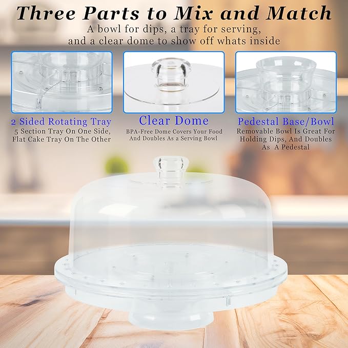 7 in 1 Rotating Multifunctional Acrylic Cake Stand with Lid & Cake Turntable for Decorating (12") - Turntable Decorating Kit Serving Salad Bowl/Veggie Platter/Punch Bowl/Desert Platter - BPA Free