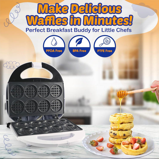 StarBlue Mini Waffle Bites Maker with FREE Waffle Tongs - 8 x 2” Tiny Waffle Bites, Non-Stick, Fast Heating, Perfect for Kids’ Breakfast, Snacks, Compact & Easy to Clean, White, 120V 60Hz 750W