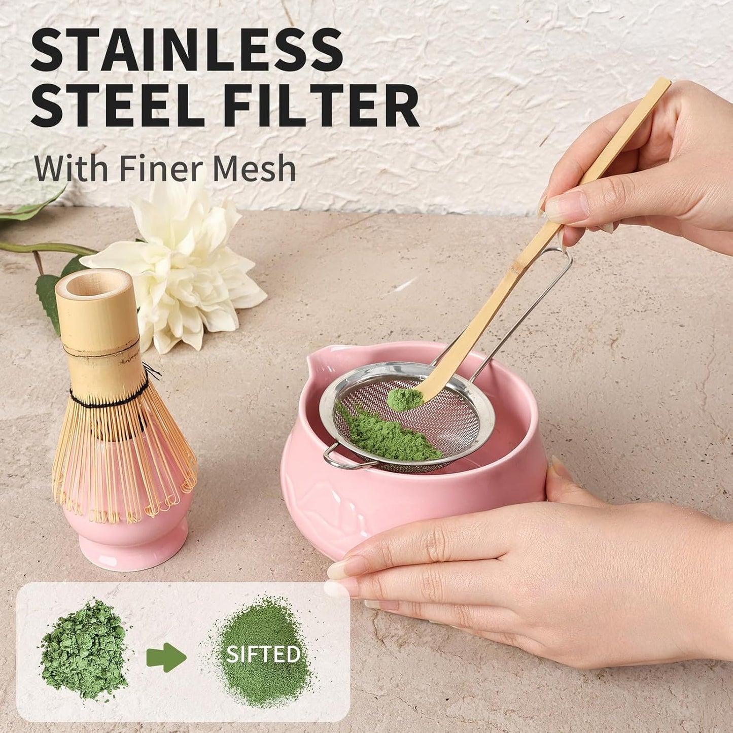 Evoio Matcha Whisk Set with Bowl, 8 Pcs Matcha Kit with Ceramic Matcha Whisk Holder, Scoop Holder, Sifter, Tea Towel, Greeting Card, Bamboo Whisk and Scoop, Pink Matcha Gift for Matcha Tea Lovers