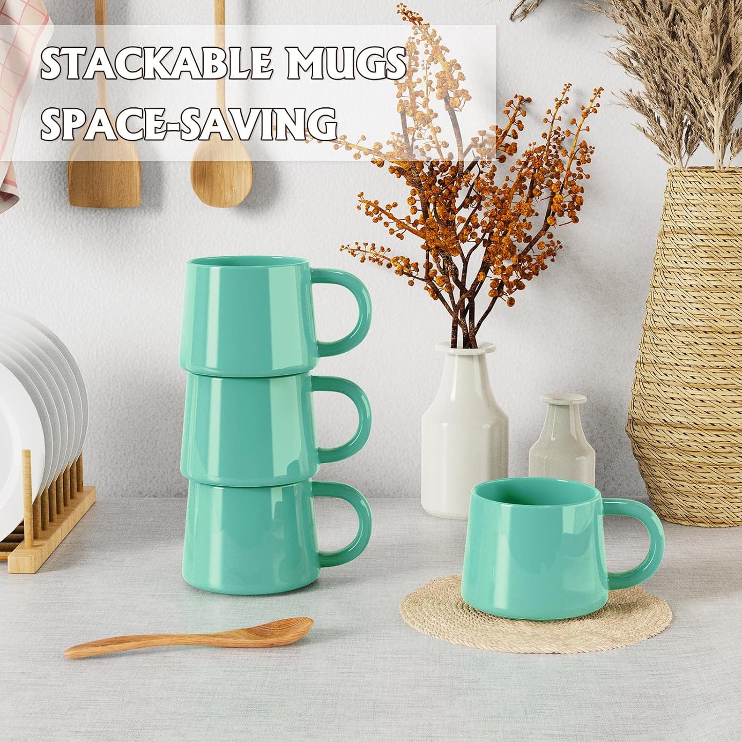 12 oz Coffee Mugs Set of 4, Modern Stackable Coffee Cups Set for Latte, Hot Tea, Cappuccino, Ceramic Coffee Mug Tea Cup, Dishwasher & Microwave Safe, Housewarming Wedding Present (Turquoise)