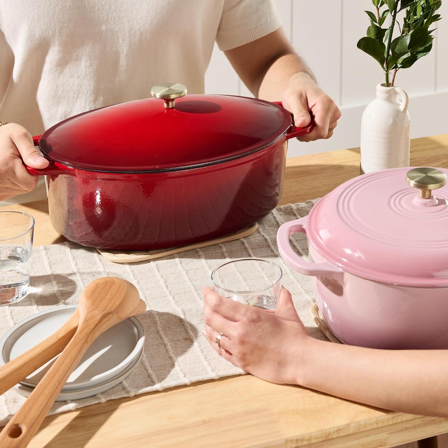 Best Choice Products Oval 7.5 Quart Enamel Cast-Iron Dutch Oven, Heavy-Duty Pre-Seasoned for Baking, Cooking w/Side Handles – Red