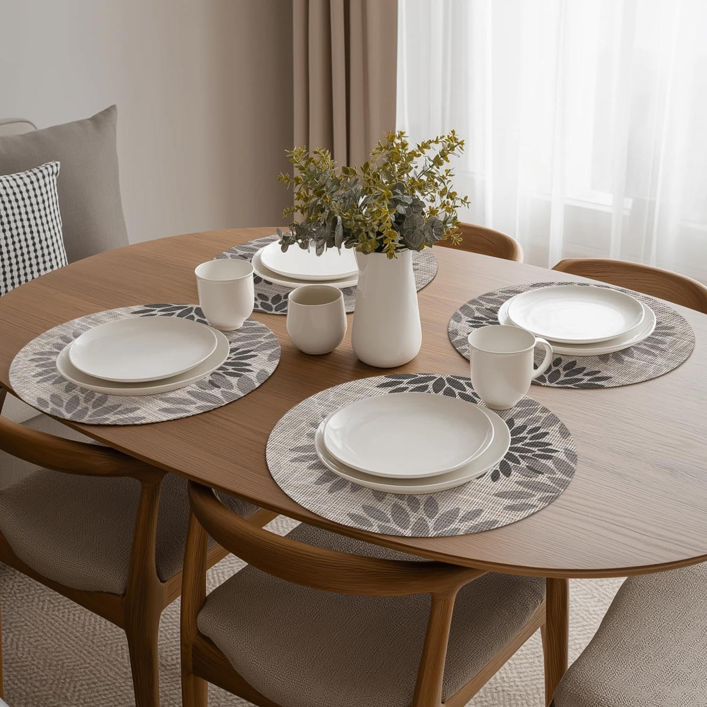 Artoid Mode Gray Dahlia Plastic Round Placemats Set of 4, 14 Inch Seasonal Wipeable Woven Vinyl Table Mats for Farmhouse Party Kitchen Dining Decor
