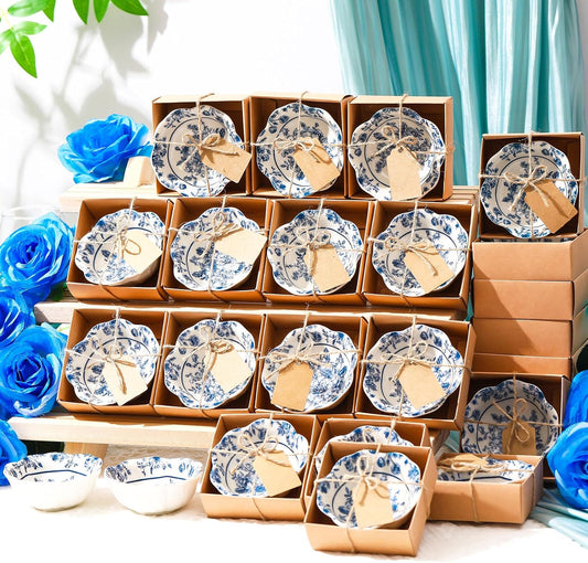 24 Pcs Wedding Favors for Guests Small Ceramic Bowl Bulk Gifts Set 3.3 Inch Floral Design Mini Dipping Bowl Sauce Dish with Cards Box for Bridal Baby Shower Birthday Guest Gift (Blue)