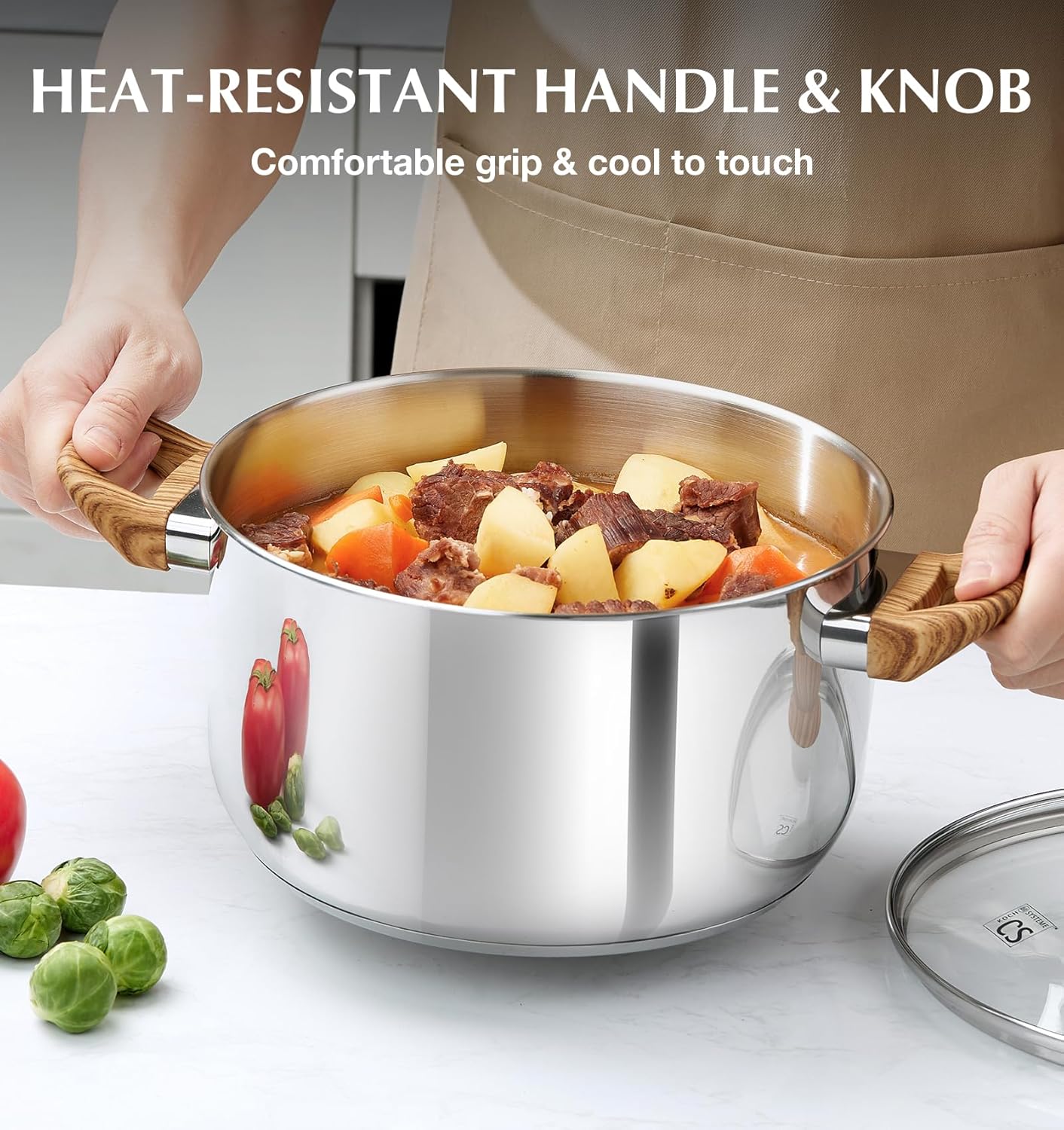 KOCH SYSTEME CS Stainless Steel Pot - 4 Quart Induction Stainless Steel Stock Pot with Lid for Pasta, Soup, Spaghetti, Steel Soup pots with Heat-Resistant Bakelite Double Handle, Dishwasher Safe
