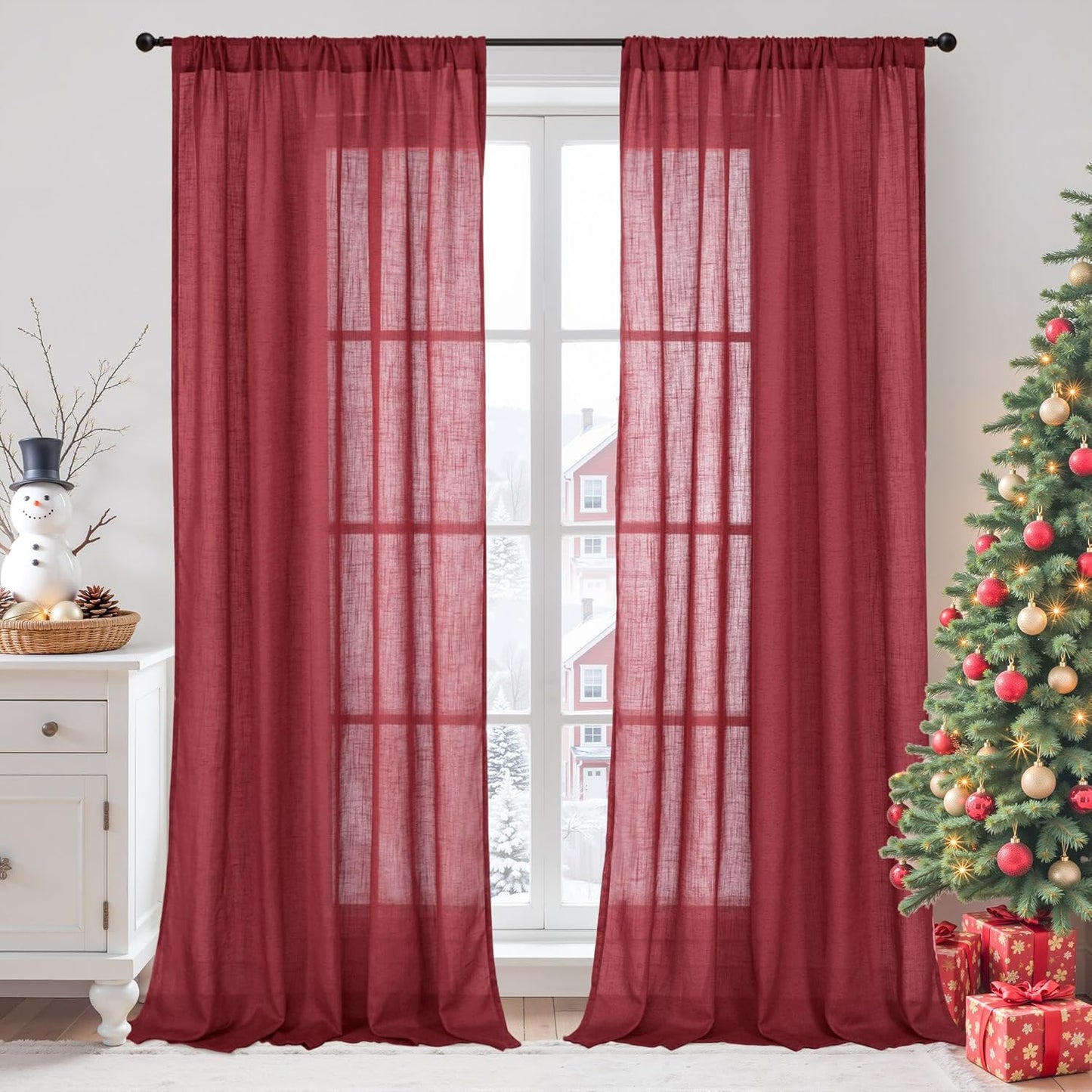BGment 96 Inches Long Linen Curtains for Living Room, Semi Sheer Burgundy Window Drapes Textured for Farmhouse Bedroom Dining Christmas Decor with Rod Pocket Lightweight, 2 Panels, Each 52 Inch Wide