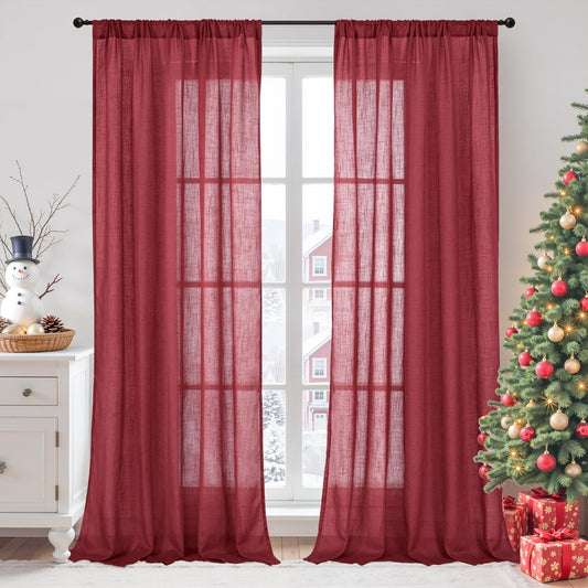 BGment Long Linen Semi Sheer Curtains 102 Inch Length for Living Room, Burgundy Lightweight Window Drapes for Bedroom Christmas Decor with Rod Pocket Rustic Textured, 2 Panels Set, Each 52 Inch Wide