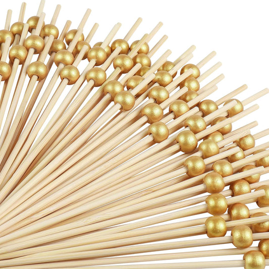 500 PCS Cocktail Toothpicks for Appetizers, Natural Bamboo Coctail Skewers Sticks, Pearl Decorative Cocktail Tooth Picks for Drinks, Fruit, Charcuterie, Wedding Food Party Fancy 4.7 Inch Long, Gold