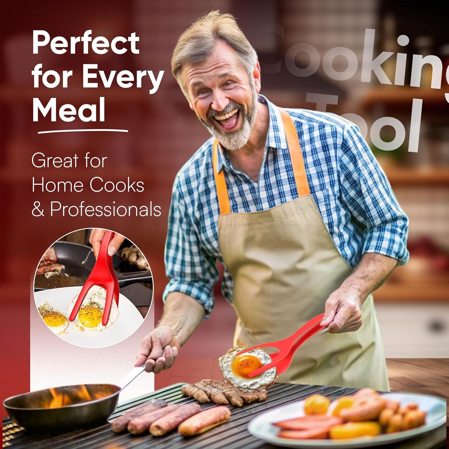 Egg Flipper Spatula Tongs (Set of 2) – Non-Stick 2-in-1 Grip & Flip Kitchen Tongs for Pancakes, Fish, Eggs, and More – Heat Resistant Cooking Tool (Black + Red)