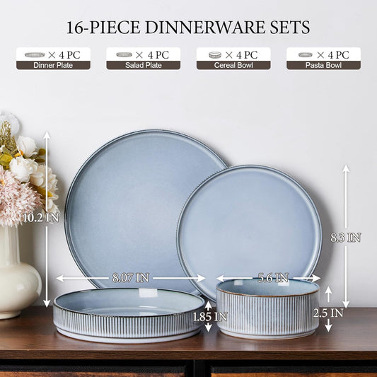 E-far 16 Piece Dinnerware Sets, Plates and Bowls with Pasta Bowls Service for 4, Modern Stoneware Ribbed Dishes for Kitchen Dining, Microwave & Dishwasher Safe, Dusty Blue