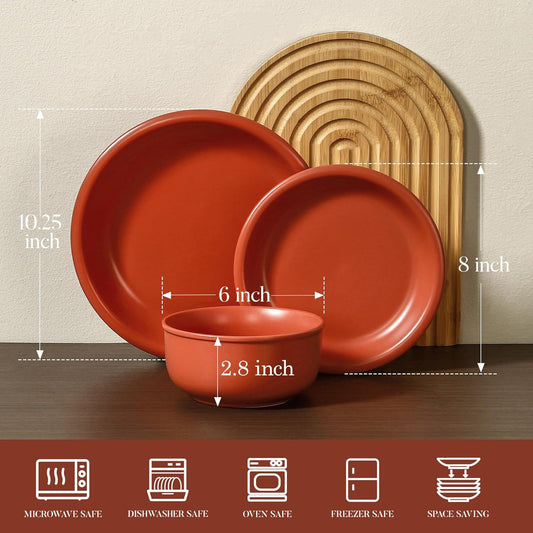 GZG Vintage Series - Ceramic Dinnerware Set for 8, 24 Pieces Stoneware Plates and Bowls Set, Lead-Free, Handcrafted Dishes Set, Microwave & Dishwasher Safe - Terracotta Red