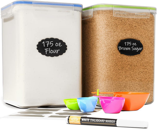 Chef's Path Large Airtight Food Storage Containers with Lids, Pack of 2, 5.2L, 175Oz, Airtight Kitchen and Pantry Bulk Canisters for Flour, Sugar, Rice, and Baking Supplies - Transparent