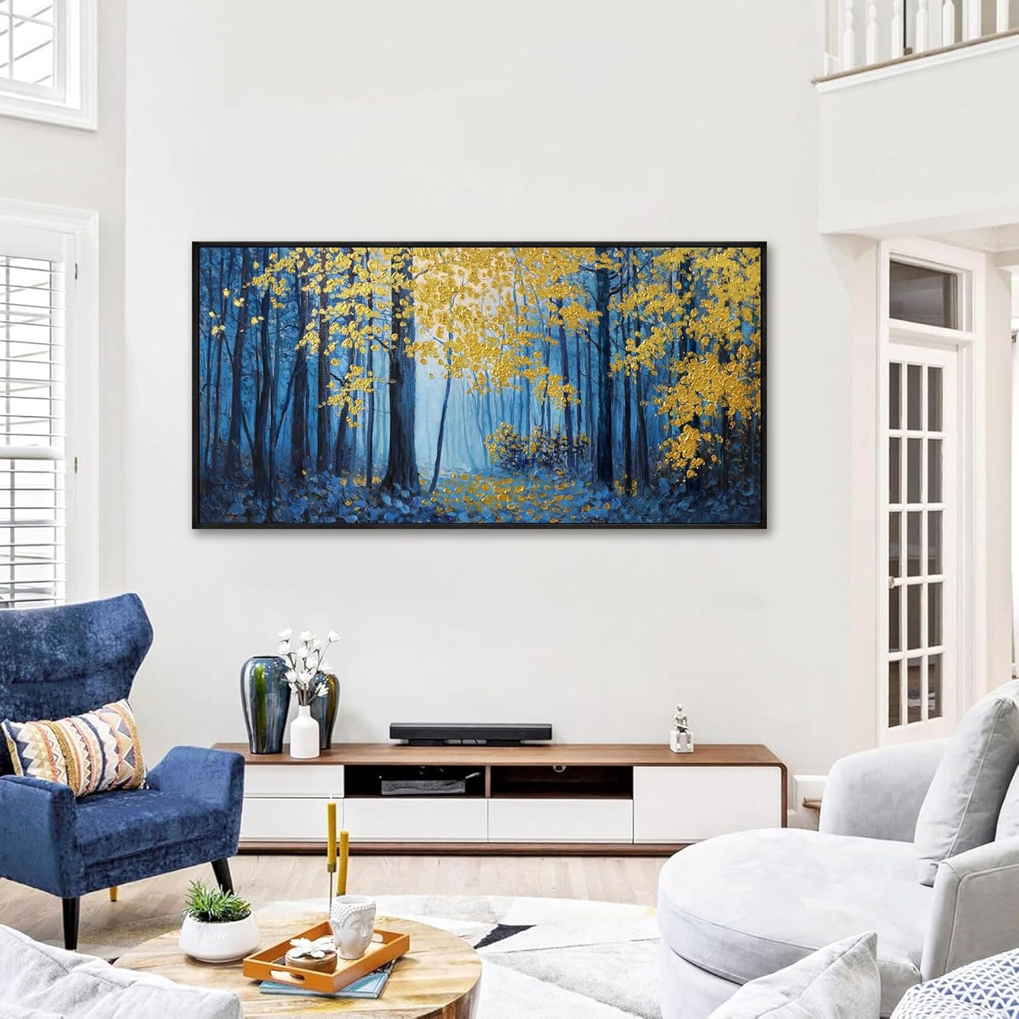 KLAKLA Blue and Gold Tree Wall Art - Birch Tree Forest Painting Pictures Framed Artwork for Living Room Bedroom Office Canvas Print Art Gorgeous Landscape Wall Art Home Decoration - 58x29 Inches