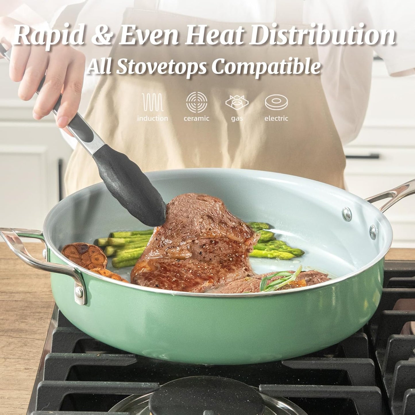 Nonstick Sauté Pan with Lid 5 QT Deep Frying Pan with Stainless Steel Helper Handle 12 inch Large Skillet Ceramic Jumbo Cooker for Healthy Cooking, Induction Compatible Cookware, PFOA Free