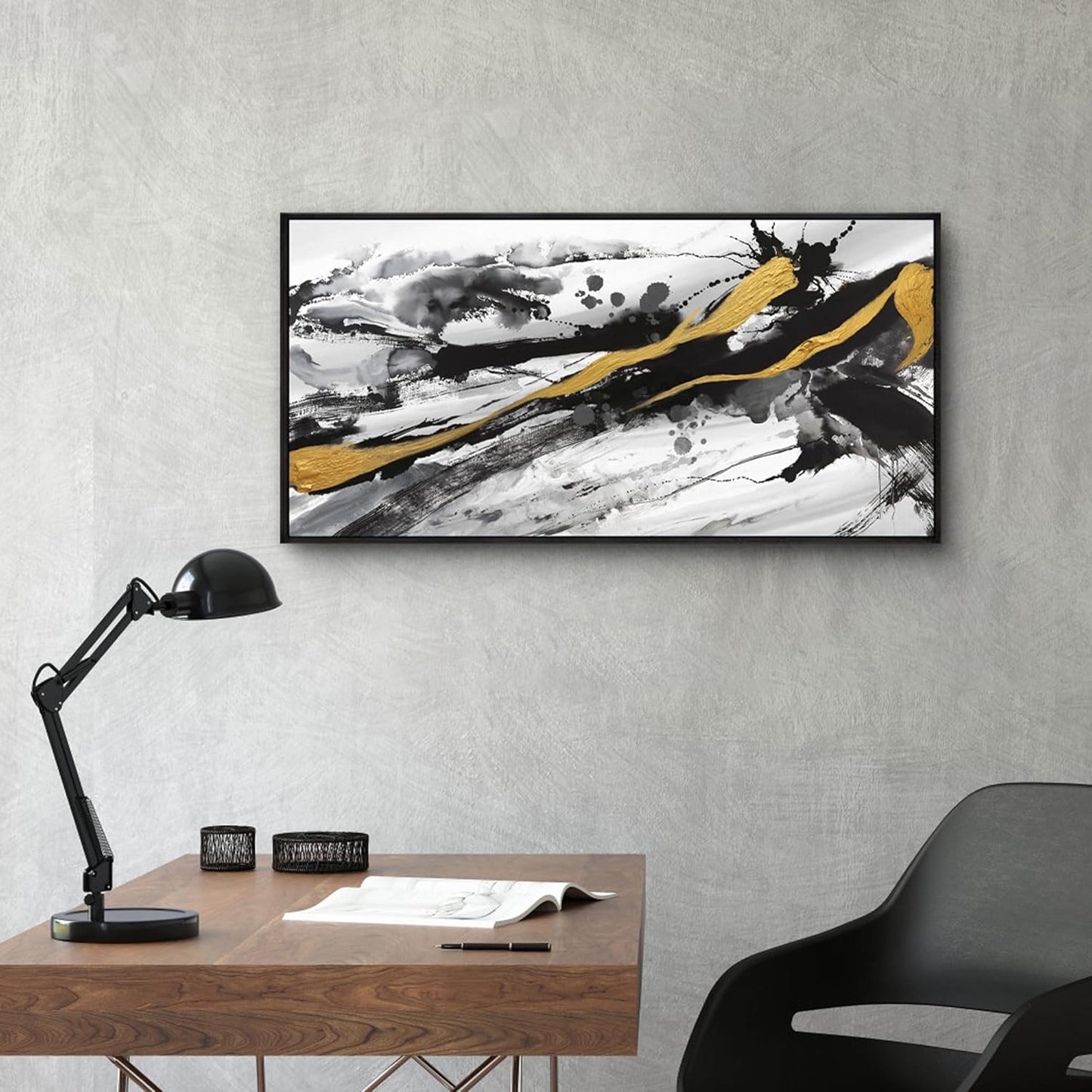 XLSJERST Black and White Abstract Wall Art - Large Frame Canvas Wall Art for Living Room Bedroom Modern Gold Ink Painting Style Picture Artwork for Wall Decor Size 20x40 Inches