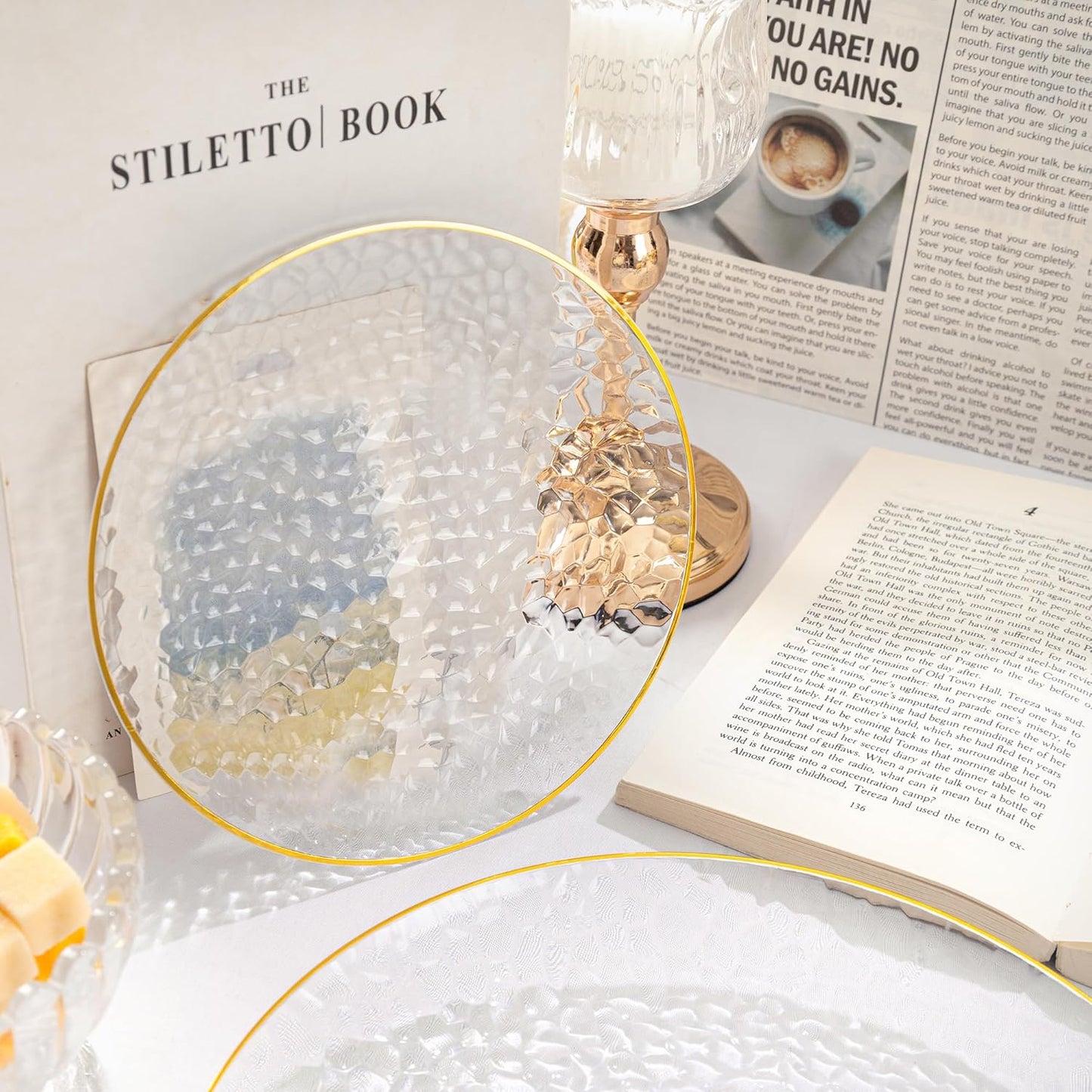 Rubtlamp 200 Pcs Clear Gold Dessert Plates 7" with Forks 7.6",Clear Plastic Hammered Platos, Dessert Plates Disposable, Heavy Duty Party Platos Include 100platos and 100forks for Party&Birthday