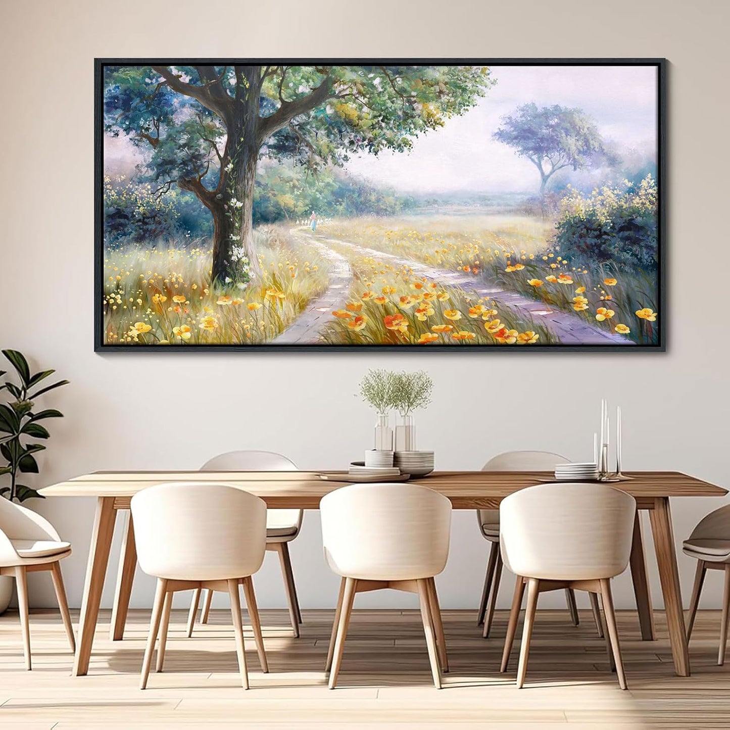 CHATYOUNG Large Framed Wall Art, Retro Countryside Path With Flowers Landscape Wall Pictures, Farmhouse Wall Paintings Art Prints For Living Room Bedroom Bathroom Kitchen Home Decor 29"X58"