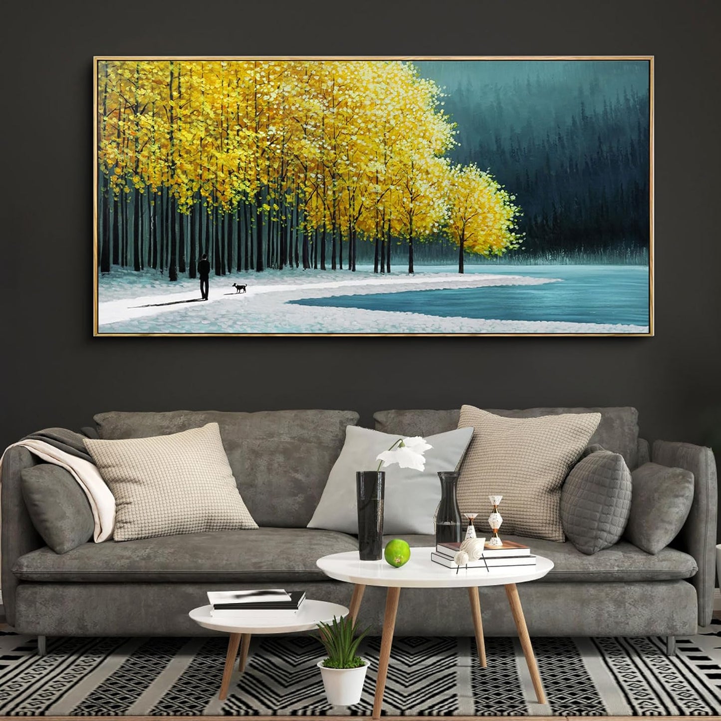 KLAKLA Large Wall Art - Yellow Bedroom Birch Tree Valley Snowy Forest Wild Lakes Landscape Canvas Pictures Wall Decoration for Living Room Office Home Decor - 58x29 Inches