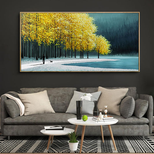 KLAKLA Large Wall Art - Yellow Bedroom Birch Tree Valley Snowy Forest Wild Lakes Landscape Canvas Pictures Wall Decoration for Living Room Office Home Decor - 58x29 Inches