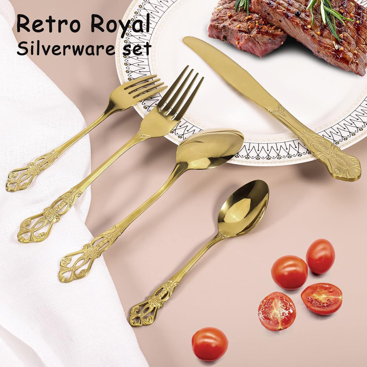 Gold Silverware Set for 12, Stainless Steel Gorgeous Retro Royal Flatware Set, 60-Pieces Cutlery Tableware set, Kitchen utensils set Include Spoons And Forks Set, Mirror Finish, Dishwasher Safe
