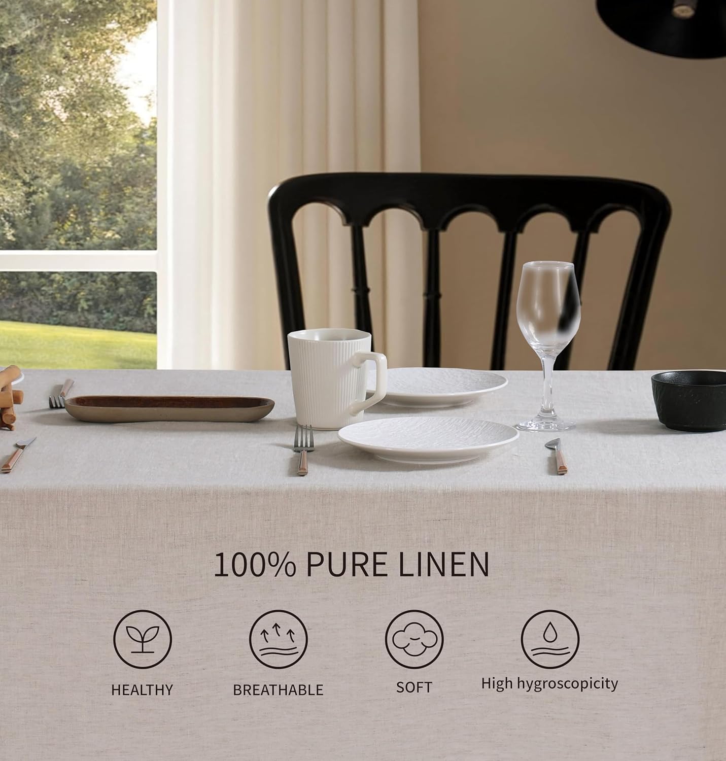 100% French Flax Linen Tablecloths Scalloped Embroidery Rectangle 144Lx60W Inch for Dinners, Parties, Spring, Machine Washable, 12-14 Sets, Linen(Edges-Green)