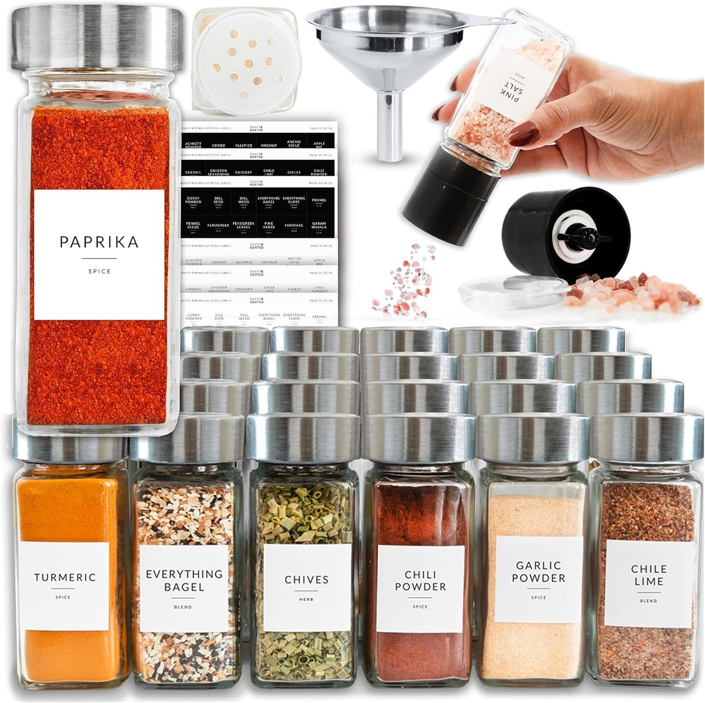 SAVVY & SORTED Glass Jars with 24PK 4oz Containers for Herbs and Seasonings – Includes Pepper Grinder, 374 Labels, Funnel, Shaker Lids & Empty Bottles