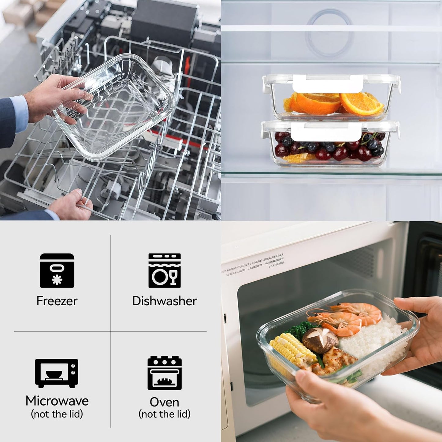 BAYZZ Glass Food Storage Containers, 5 Pack 35 Oz Glass Meal Prep Containers, Lunch Boxes with Airtight BPA-Free Lids, Microwave, Freezer and Dishwasher Safe,White