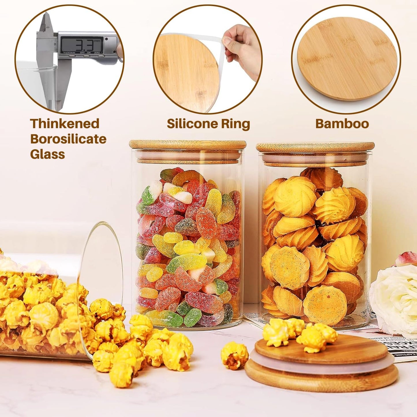 6 Pack Glass Food Storage Jars with Airtight Lids, Clear Glass Jar with Bamboo Lid, Airtight Food Canister for Tea, Candy, Coffee, Sugar, Cookie, Snack. (Round | 5+6 Inch) SET of 3