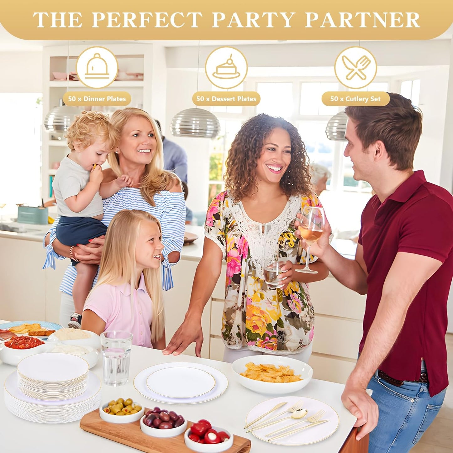 I00000 150PCS White and Gold Plastic Plates with Disposable Silverware for 30 Guests,White Plastic Plates Set Include 30 Dinner Plate,30 Dessert Plate,90 Gold Cutlery for Wedding & Party