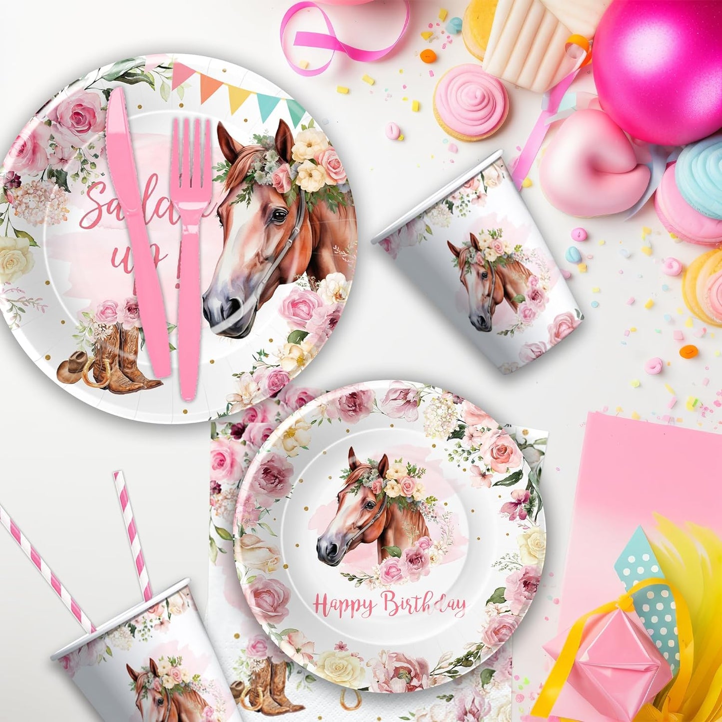 Cowgirl Party Decorations Tableware - Western Horse Birthday Party Supplies For Girl, Plate, Napkin, Fork, Tablecloth, Wild West Cowgirl Birthday Baby Shower Decorations Dinnerware | Serve 24