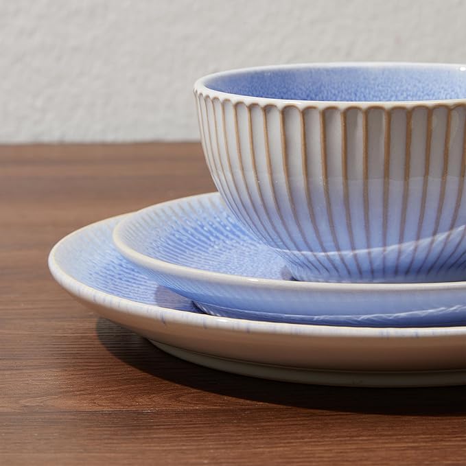 Ceramic Dinnerware Sets, Handmade Reactive Glaze Plates and Bowls Sets, Highly Chip and Crack Resistant Dish Set, Distinctive Granulated Surface Dishwasher & Microwave Safe Service for 4