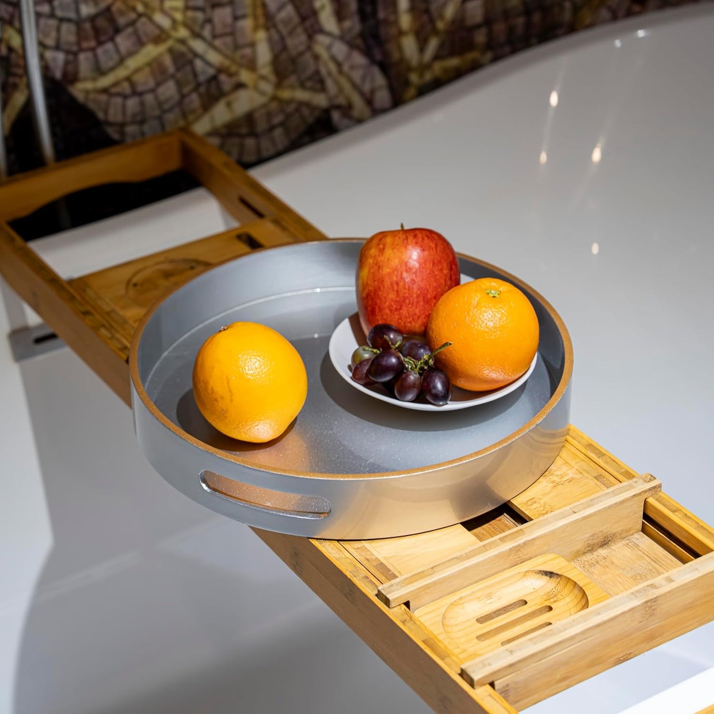 PEMAR 12.6" Round Lacquer Serving Tray with Insert Handle Decorative Basket Tray for Breakfast, Dinner, Coffee Table Decor (Silver)