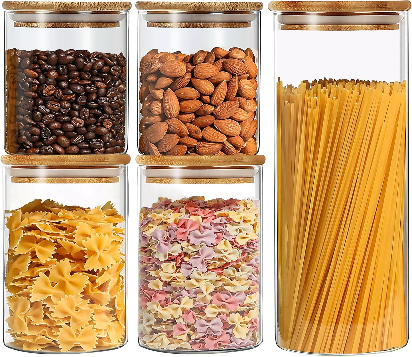 Glass Food Storage Jars Set of 5 with Bamboo Lid Airtight Glass Storage Canister, Cylindrical Kitchen Clear Food Storage Container Jar, for Pasta, Coffee, Cookies, Nuts, Cereal, Oats, Flour