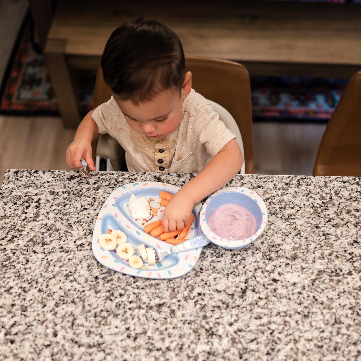 The First Years Bluey 4-Piece Place Setting - BPA Free Dishwasher Safe Toddler Dinnerware Set with Divided Plate, Bowl, Fork, Spoon - Multicolor