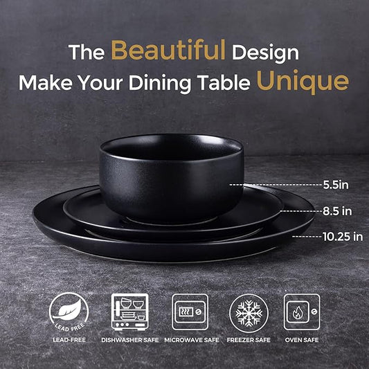 LERATIO Stoneware Dinnerware Sets for 6,Handcarft Ceramic Plates and Bowls Sets,Chip and Scratch Resistant Dishes, Dishwasher & Microwave Safe, Oven safe,Reactive Glaze-Black
