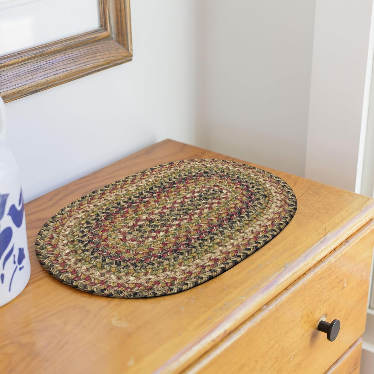 Homespice Kingston Premium Jute Braided Placemat Set of 4 Oval 10x15 Multi Color Reversible, Natural Jute Yarn Rustic, Country, Primitive, Farmhouse Style