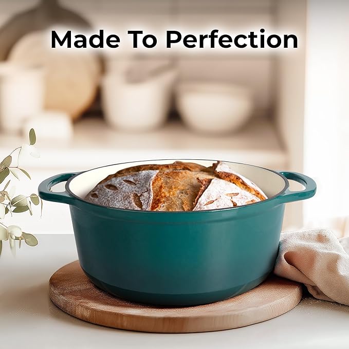 Zulay Kitchen 5 Quart Enameled Cast Iron Dutch Oven Pot with Lid – Premium Durability & Oven Safe up to 500°F – Heavy Duty Cookware Perfect for Bread Baking, Stews, Braising & Roasting – Emerald