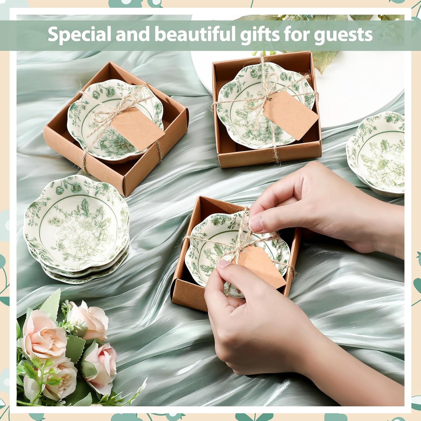 24 Pcs Wedding Favors for Guests Small Ceramic Bowl Bulk Gifts Set 3.3 Inch Floral Design Mini Dipping Bowl Sauce Dish with Cards Box for Bridal Baby Shower Birthday Guest Gift (Sage Green)