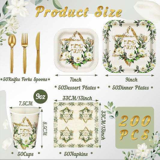 350 Pcs Paper Plates and Napkins Set Disposable Dinnerware Party Supplies Tableware Serve 50 Guest Cups Knife Forks Spoon(Green,Gold,Passover)