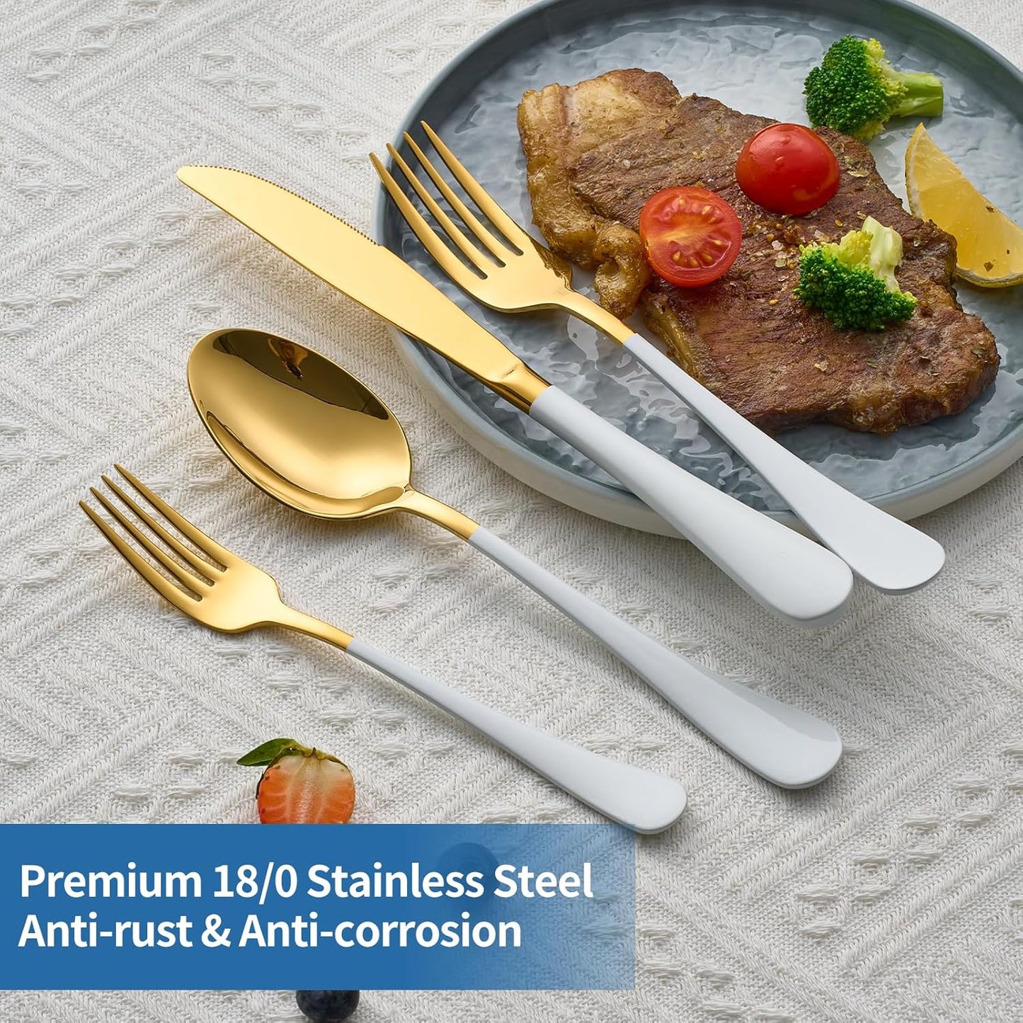 20-Piece White & Gold Silverware Set, 18/0 Stainless Steel Colorful Handle Flatware Set,Service for 4,Modern Cutlery Set Includes Dinner Knives Forks Spoons,Mirror Polished,Dishwasher Safe