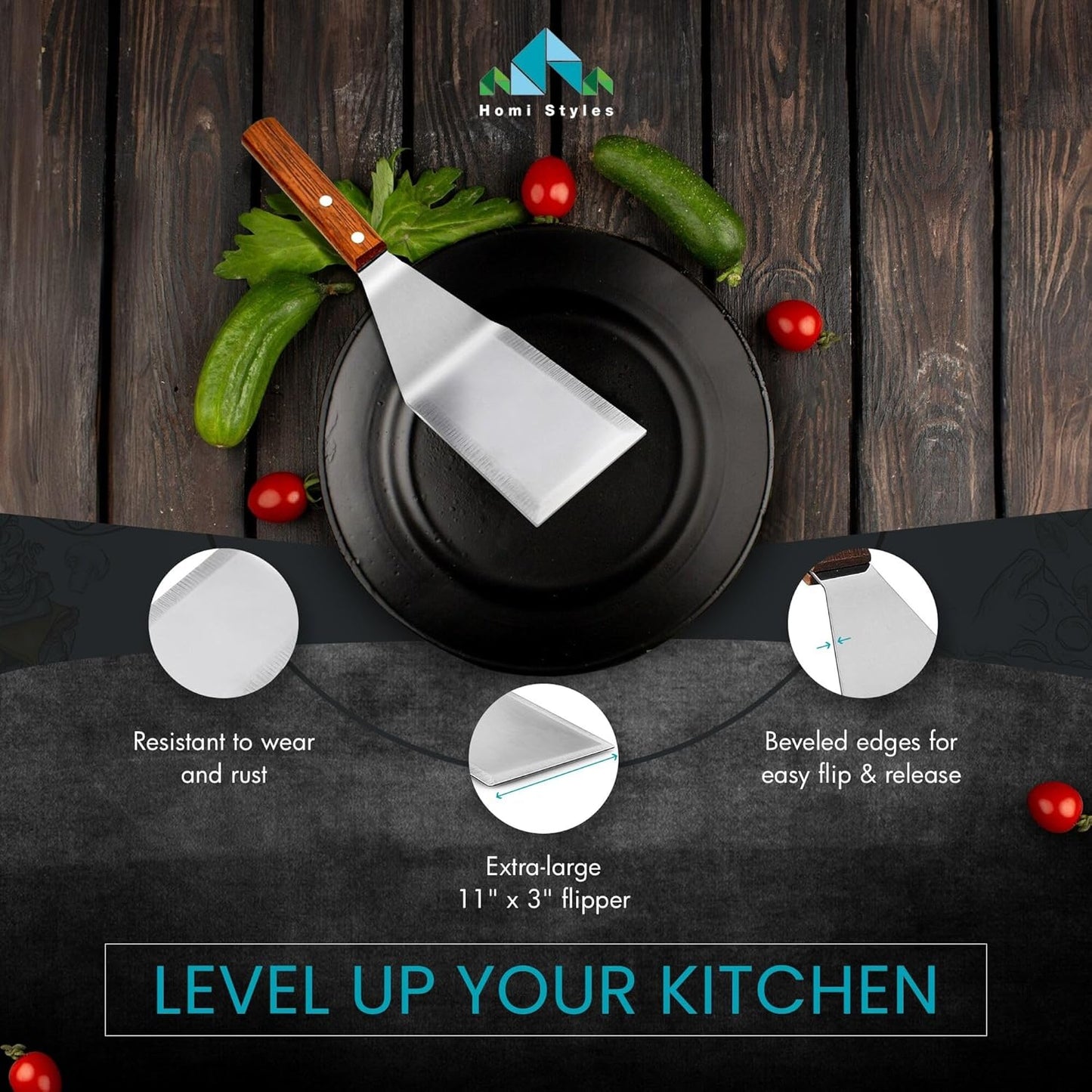 Homi Styles Metal Spatula Beveled Edges, Stainless Steel Grill Spatula with Wood Handle for Skillets, Griddles & Pancake Flipper for Burgers, Omelet, and Versatile for Culinary Task, 11 x 3 inches
