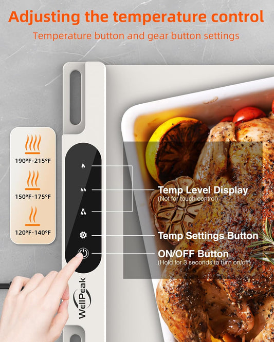 Electric Warming Mat for Food - Full Surface Fast Heating Silicone Tray with 3-Level Temperature, Auto-Off, Raised Feet for Table Protection, Versatile Warmer for Gatherings Parties Buffets, White