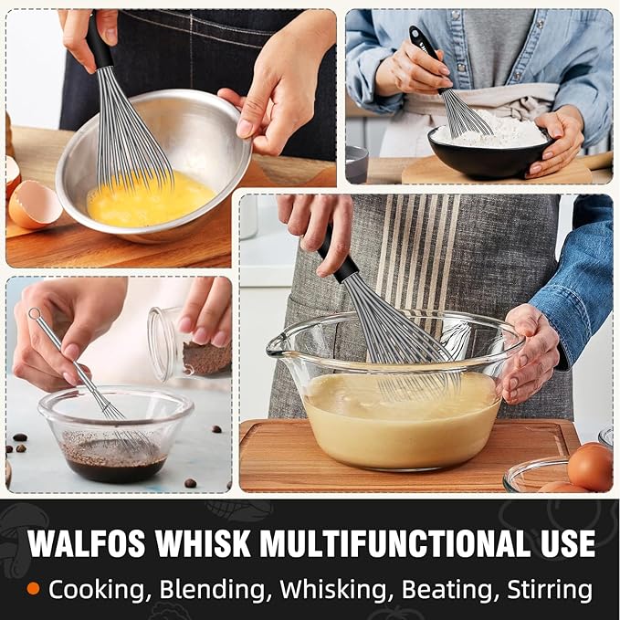 Walfos Whisk, Silicone Whisks Set of 5, Mini Stainless Steel Whisk 7in+5in and Non Scratch Coated 7+9+11in Whisks, Suitable for Blending, Whisking, Beating, Frothing & Stirring. (Grey)