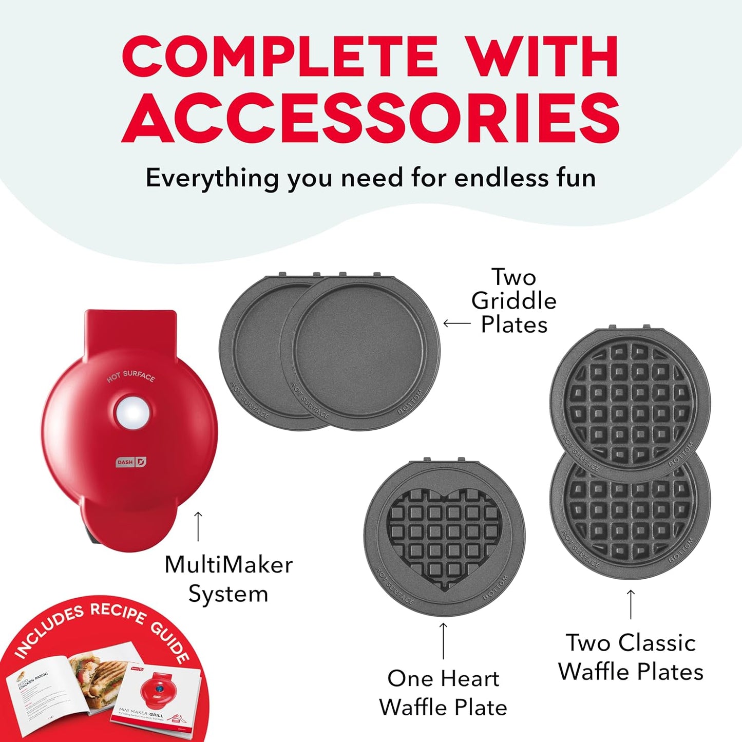 DASH Multimaker Mini System - Waffle Maker with Five 4” Removable Plates: Waffle Iron & Griddle, 3-in-1 Mini Waffle Maker for Kids and Families – Nonstick Surface, Just Add Batter (Red)