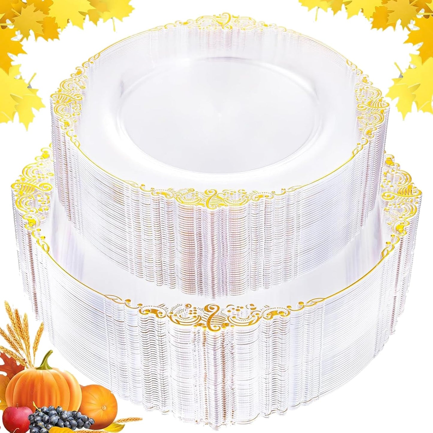 102PCS Clear Gold Plastic Plates - Clear Disposable Plates with Gold Rim - Clear Party Plate Include 51PCS Dessert Plates, 51PCS Dinner Plate for Weddings & Thanksgiving Parties