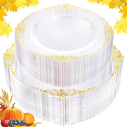 102PCS Clear Gold Plastic Plates - Clear Disposable Plates with Gold Rim - Clear Party Plate Include 51PCS Dessert Plates, 51PCS Dinner Plate for Weddings & Thanksgiving Parties