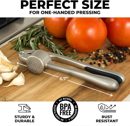 Zulay Kitchen Premium Garlic Press - Durable Garlic Masher with Soft, Easy to Squeeze Handle - Garlic Mincer Tool - Sturdy Easy to Clean Garlic Crusher (Silver)