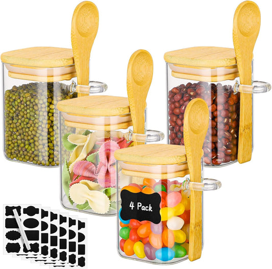 Glass Jars with Bamboo Lids Set of 4, 6 Fl.oz Square Glass Spice Jars with Lid and Spoon, Small Canisters Sets for Kitchen Countertop, Clear Pantry Container for Jam, Tea, Coffee and Sugar