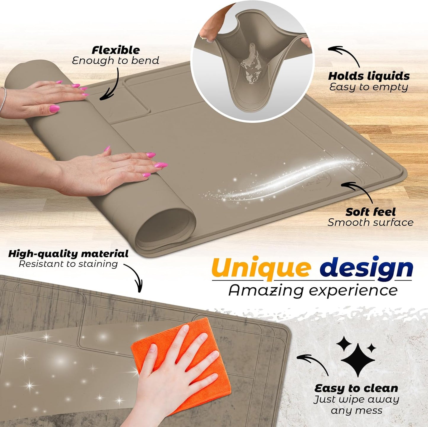 The Original Under Sink Mat - Silicone Waterproof mat, Adjustable, Easy to Clean, Kitchen cabinet liner, Disifenction Surface - 31" x 22" or smaller (Brown, 31" x 22")