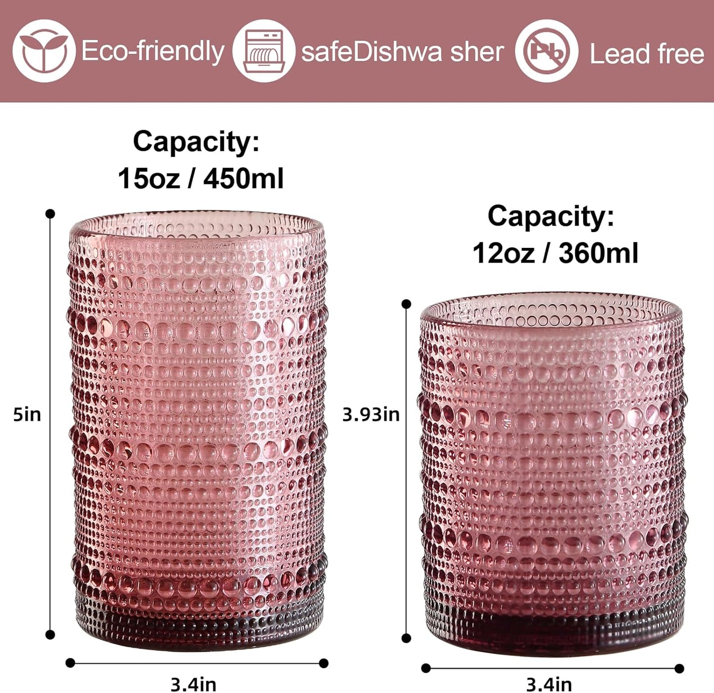 Vintage Glassware Drinking Glasses Set of 12,Purple 12oz & 15oz Hobnail Glass Cups,Embossed Water Tumbler,for Beer,Cocktail,Whiskey,Juice and Various Mixed Drinks- 1 Cleaning Brush