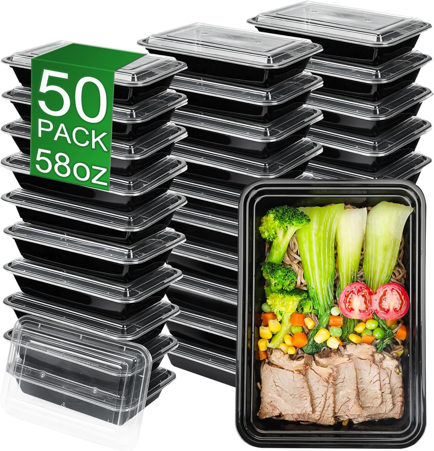Meal Prep Containers, 50 Pack 58oz (100-Piece) Disposable Take Out Food Storage Containers with Leakproof Lids, Large Plastic To Go Lunch Boxes, BPA Free, Microwave/Dishwasher/Freezer Safe